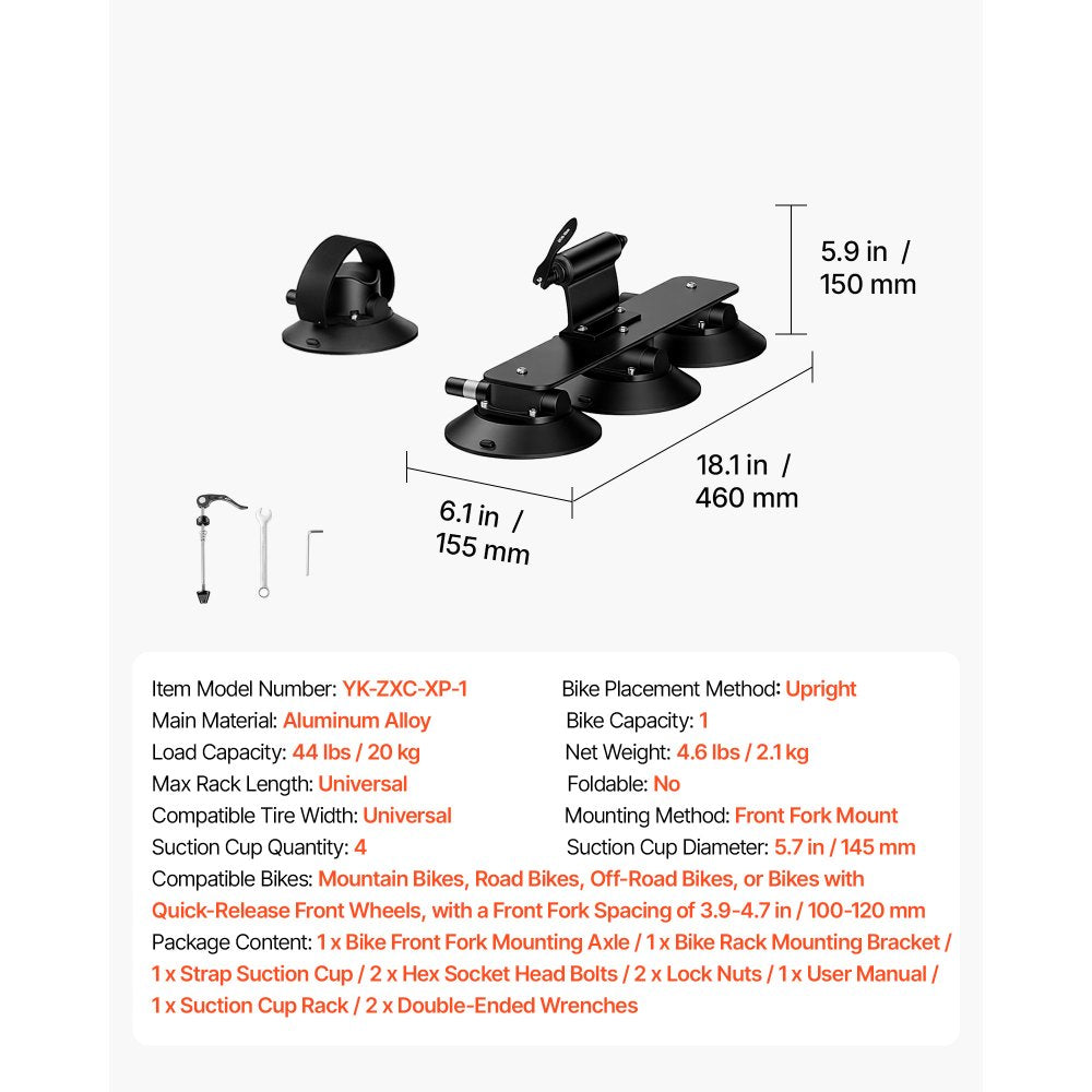 VEVOR Suction Cup Bike Rack 44 lbs Quick Release Aluminium Alloy for 1 Bike, Fits Sedan SUV Road MTB, Tool-Free Suction Mount, Low-Noise Design, Anti-Scratch Rubber Sucker, Upright Roof Bicycle Rack