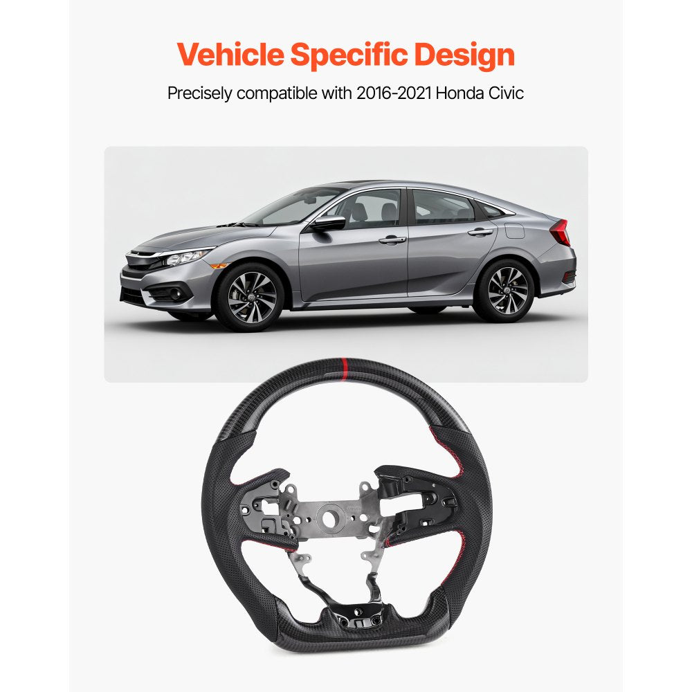 VEVOR Steering Wheel for 2016-2021 Honda Civic, Carbon Fiber Steering Wheel D-Shaped Flat-Bottom, Leather Grip with Non-Slip Texture & Precise Stitching, Accessories Replacement for Honda Civic, Black
