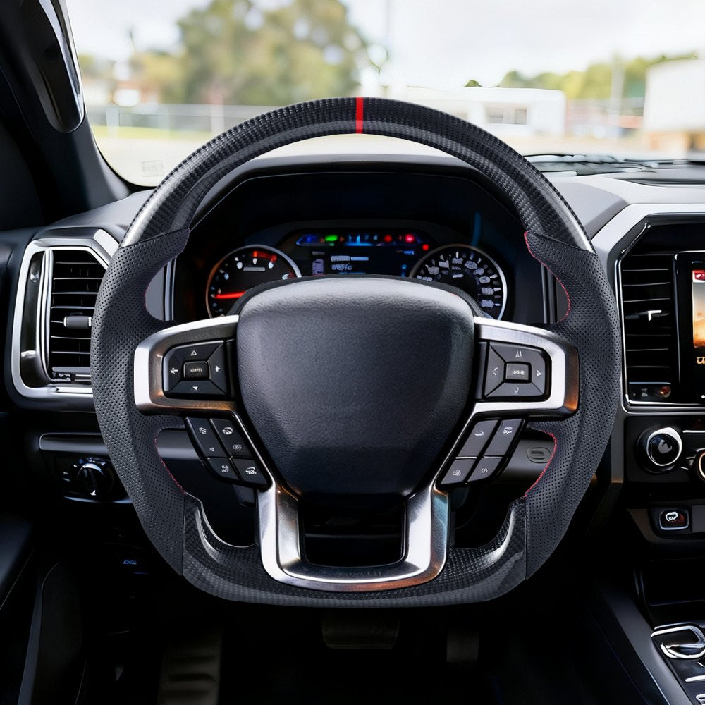 VEVOR Steering Wheel for 2021-2024 Ford F150, Carbon Fiber Steering Wheel D-Shaped Flat-Bottom with Heating Function, Leather Grip with Non-Slip Texture, Accessories Replacement for Ford F150, Black