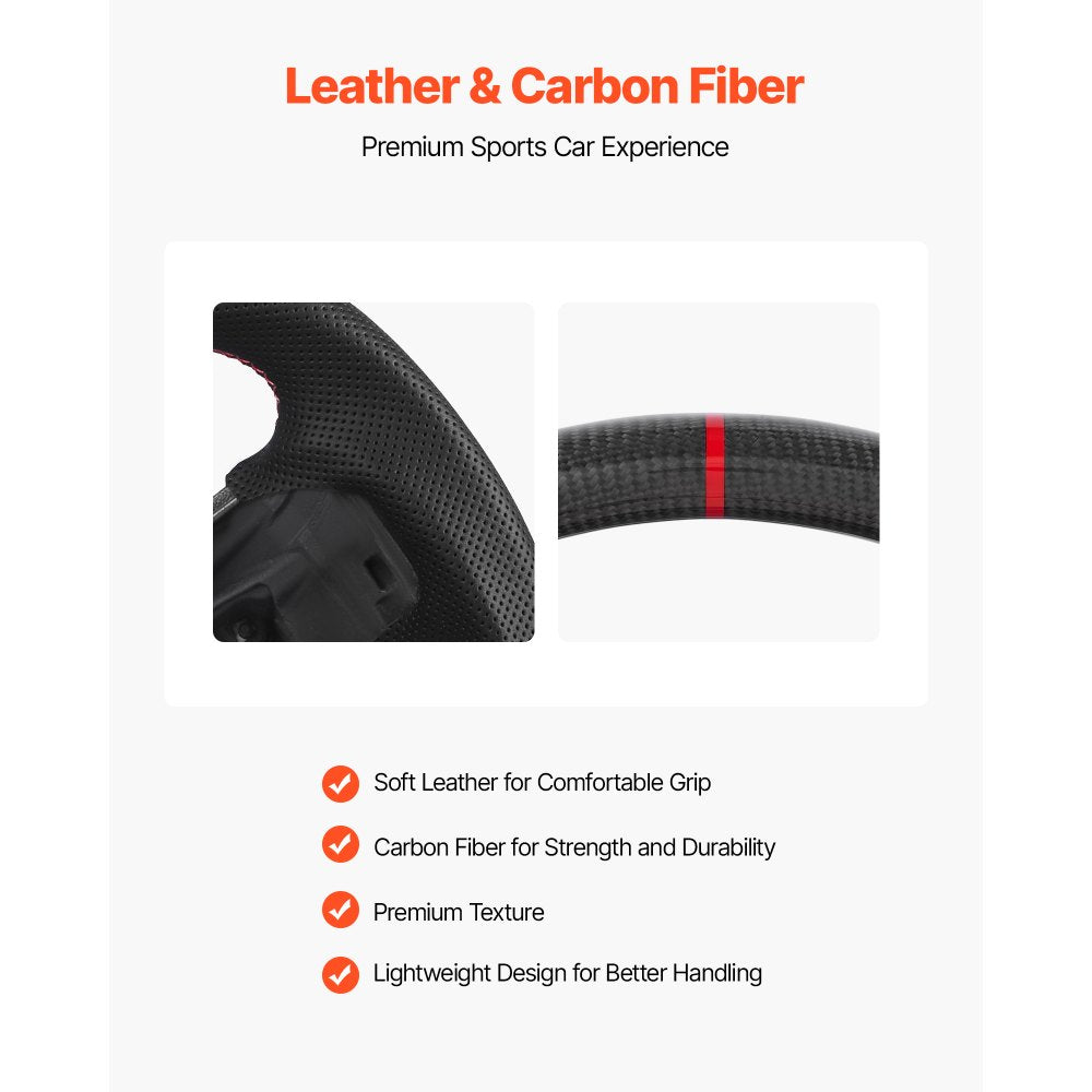 VEVOR Steering Wheel for 2021-2024 Ford F150, Carbon Fiber Steering Wheel D-Shaped Flat-Bottom, Leather Grip with Non-Slip Texture & Precise Stitching, Accessories Replacement for Ford F150, Black
