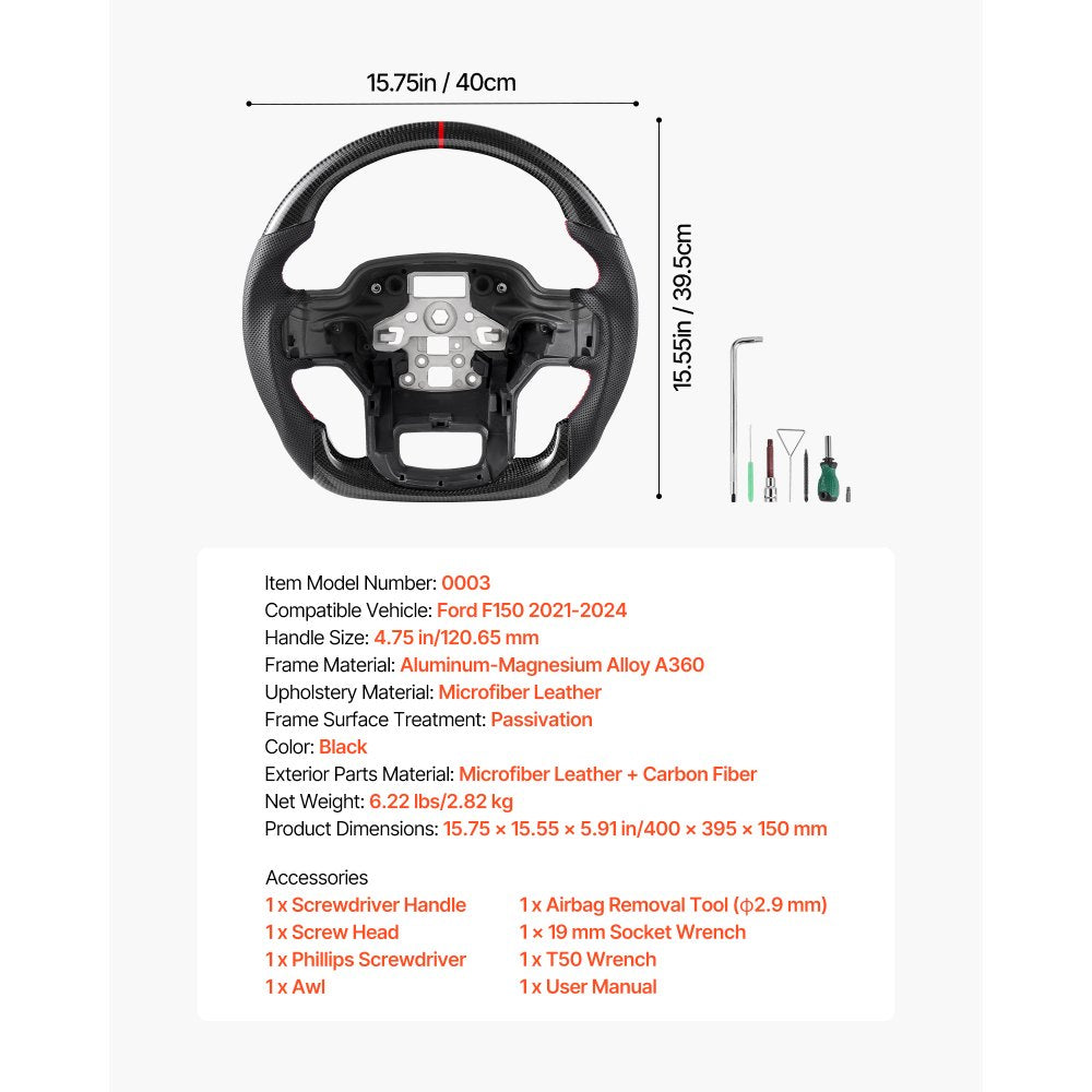 VEVOR Steering Wheel for 2021-2024 Ford F150, Carbon Fiber Steering Wheel D-Shaped Flat-Bottom, Leather Grip with Non-Slip Texture & Precise Stitching, Accessories Replacement for Ford F150, Black