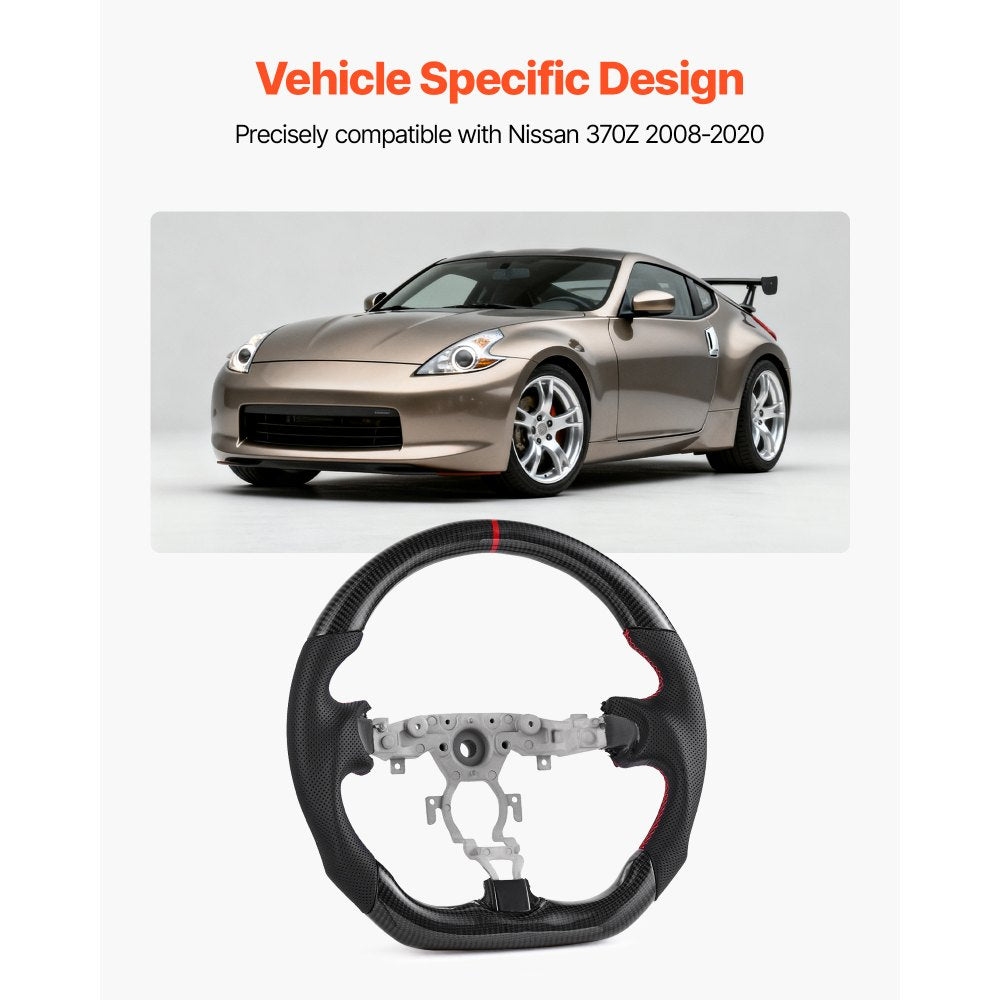 VEVOR Steering Wheel for 2008-2020 Nissan 370Z, Carbon Fiber Steering Wheel D-Shaped Flat-Bottom, Leather Grip with Non-Slip Texture & Precise Stitching, Accessories Replacement for Nissan 370Z, Black