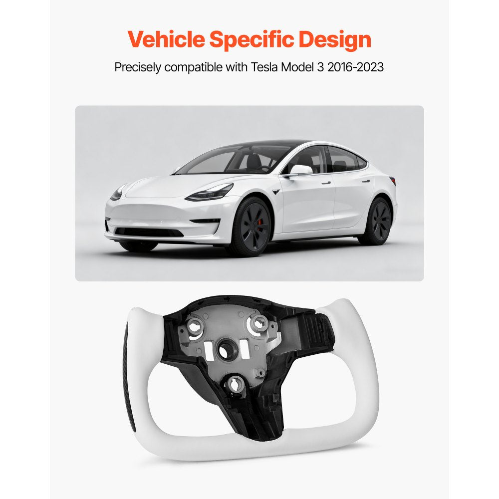 VEVOR Steering Wheel for 2016-2023 Tesla Model 3, Carbon Fiber Steering Wheel D-Shaped Flat-Bottom with Heating Function, Leather Grip with Non-Slip Texture, Accessories Replacement for Model 3, White