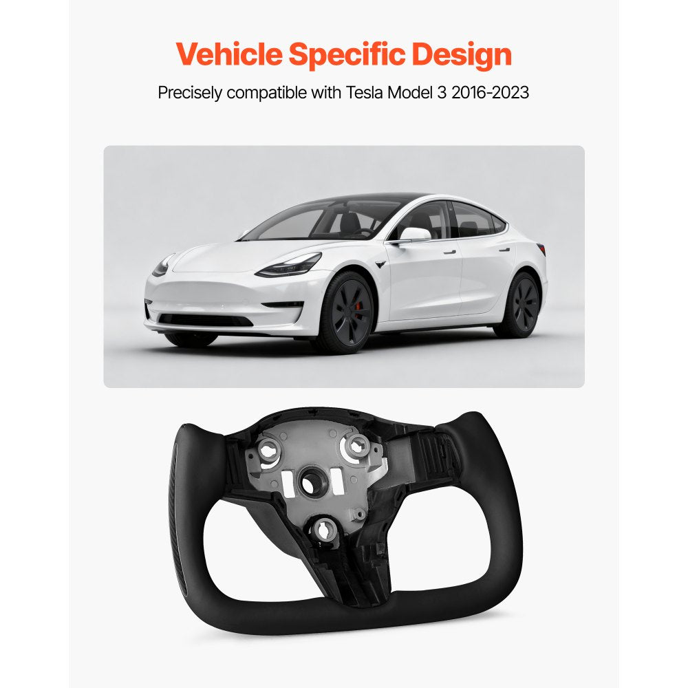 VEVOR Steering Wheel for 2016-2023 Tesla Model 3, Carbon Fiber Steering Wheel D-Shaped Flat-Bottom with Heating Function, Leather Grip with Non-Slip Texture, Accessories Replacement for Model 3, Black
