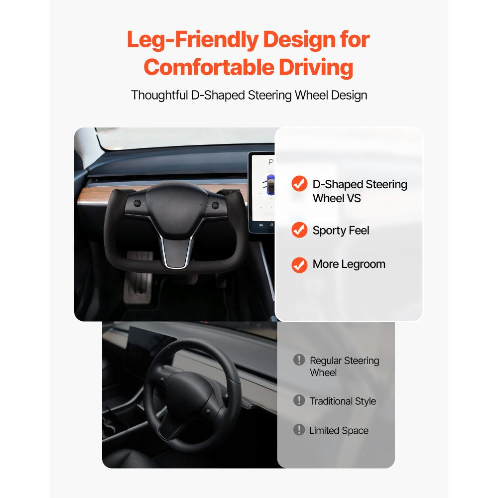 VEVOR Steering Wheel for 2016-2023 Tesla Model 3, Carbon Fiber Steering Wheel D-Shaped Flat-Bottom with Heating Function, Leather Grip with Non-Slip Texture, Accessories Replacement for Model 3, Black