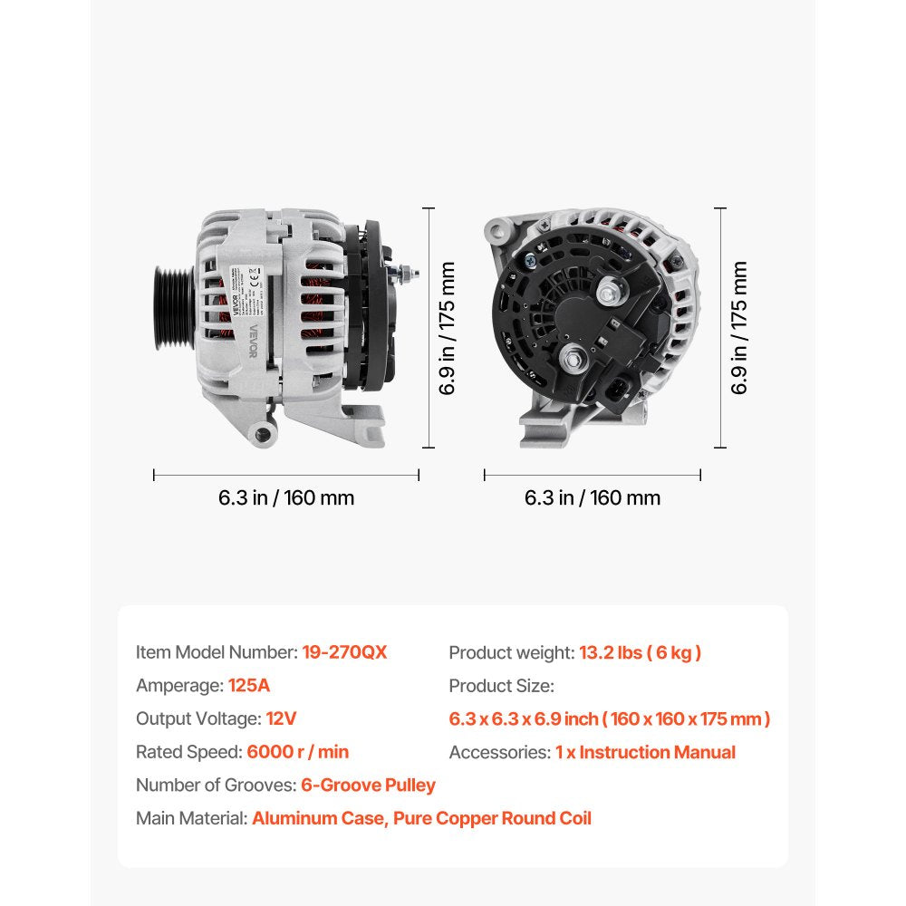 VEVOR Car Alternator 11185, Fit for Chevrolet Impala LS, LT 3.5L 2006-2011, Impala LTZ 3.9L 2009-2010, Monte Carlo V6 2006-2007, Automotive Replacement Alternator 0124425102, 0124425032, 10335497