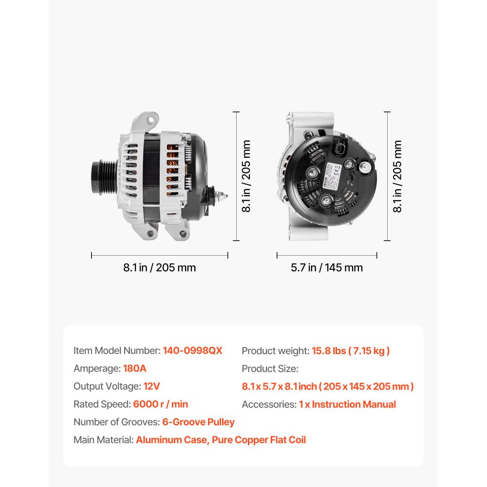 VEVOR Car Alternator 11598, Fit for Dodge Challenger V6 3.6L 2015-2021, Charger 2011-2021, Durango 2011-2020, Jeep Grand Cherokee 11-20, Ram 1500 13-15, Automotive Replacement Alternator 4210007040