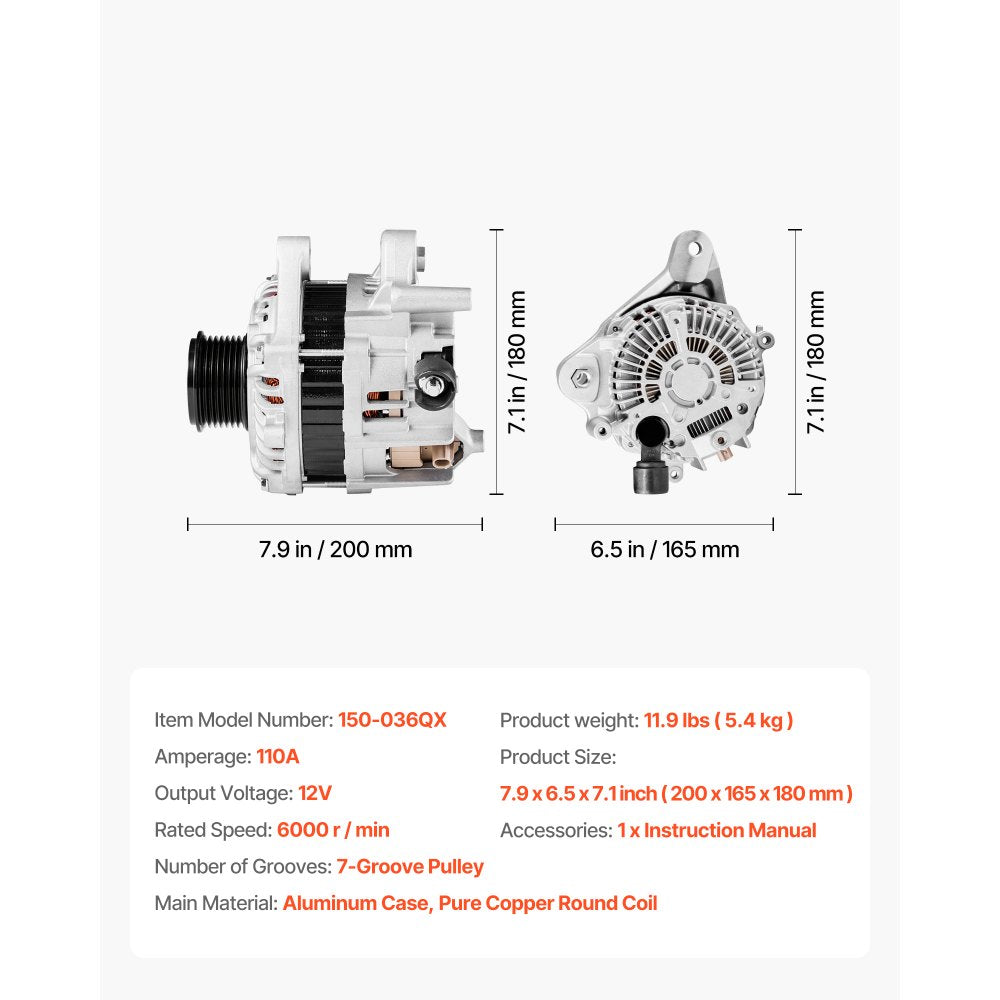 VEVOR Car Alternator 11999, Compatible with Honda Accord L4 2.4L 2013-2017, Automotive Replacement Alternator with Aluminum Housing and Pure Copper Round Coil, 31100-5A2-A02, AHGA88, 14489, A5TL0581ZC