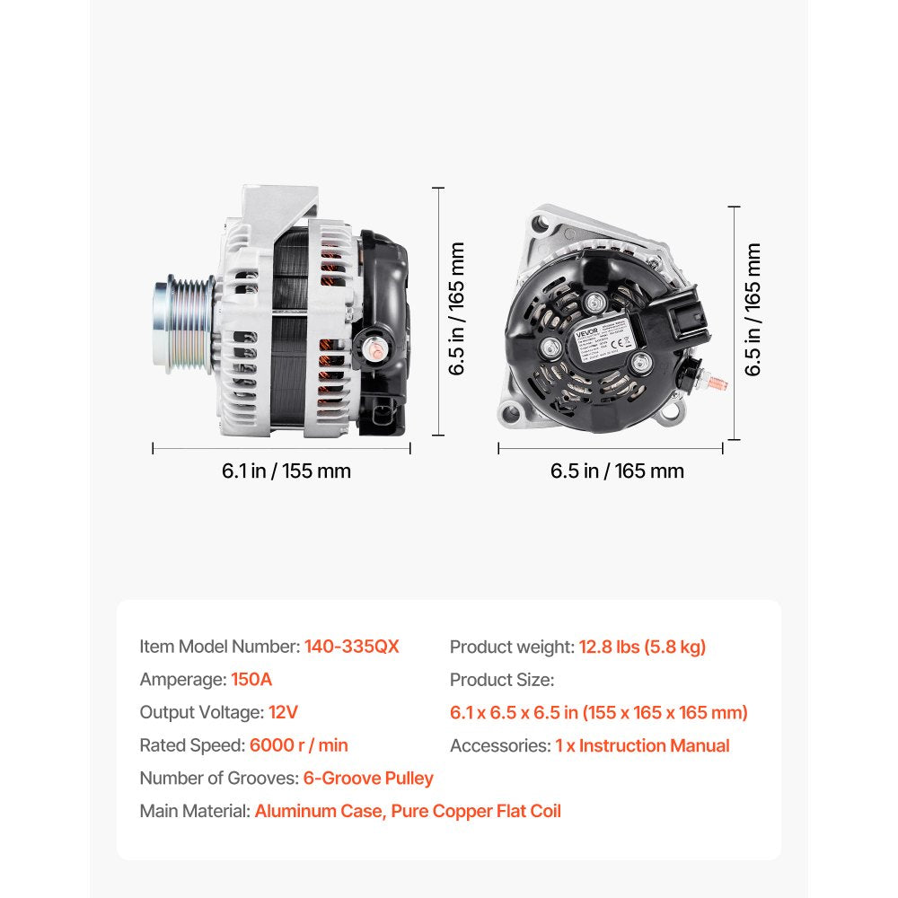 VEVOR Car Alternator 84143543, Fit for Chevy Express 2500 V6 4.3L, V8 6.0L 2018-2019, GMC Sierra 1500 2014-2016, Yukon 2015-2019, Automotive Replacement Alternator 104211-8340, 22747894, TN1042119110