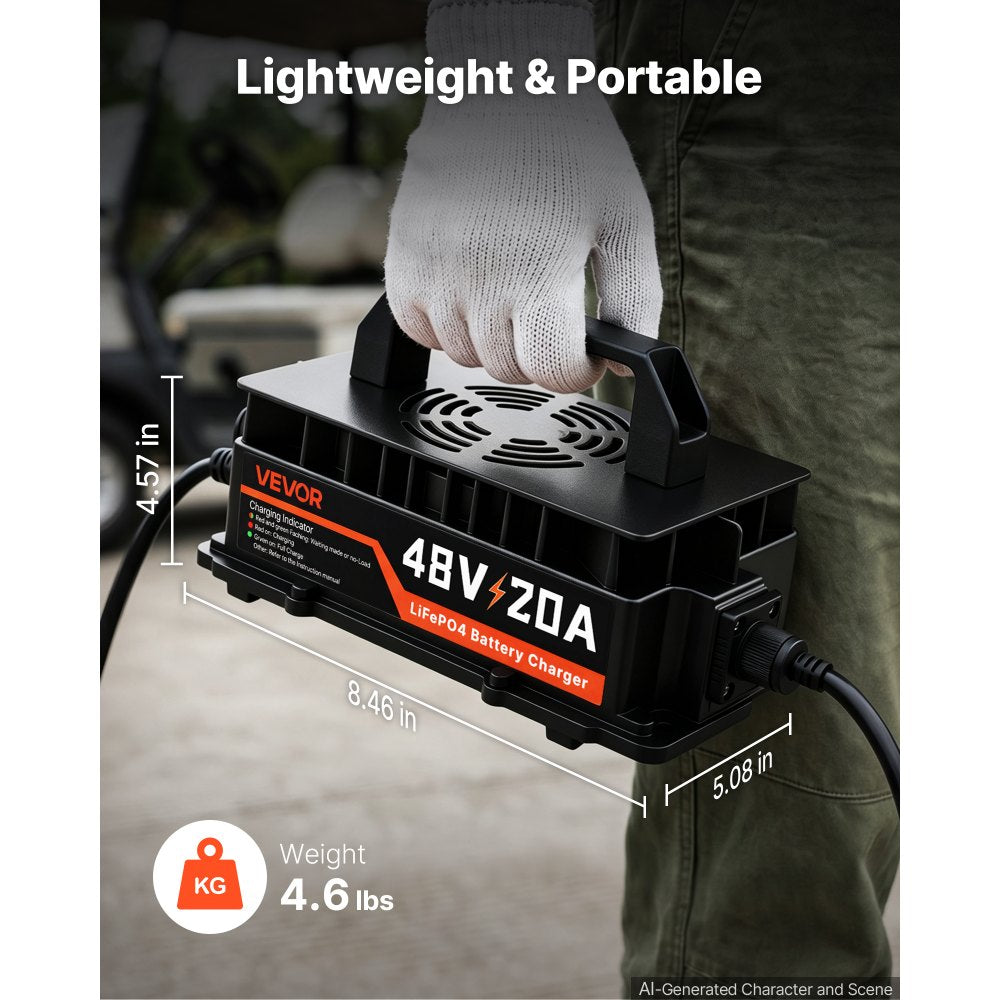 VEVOR Golf Cart Battery Charger 48V 20A Club Car EZGO Lithium Smart Charger, for LiFePO4 Battery, Aluminum Alloy Shell, Trickle Charging, LED Indicator, Cooling Fan, for Forklift, RV, IP67 Waterproof