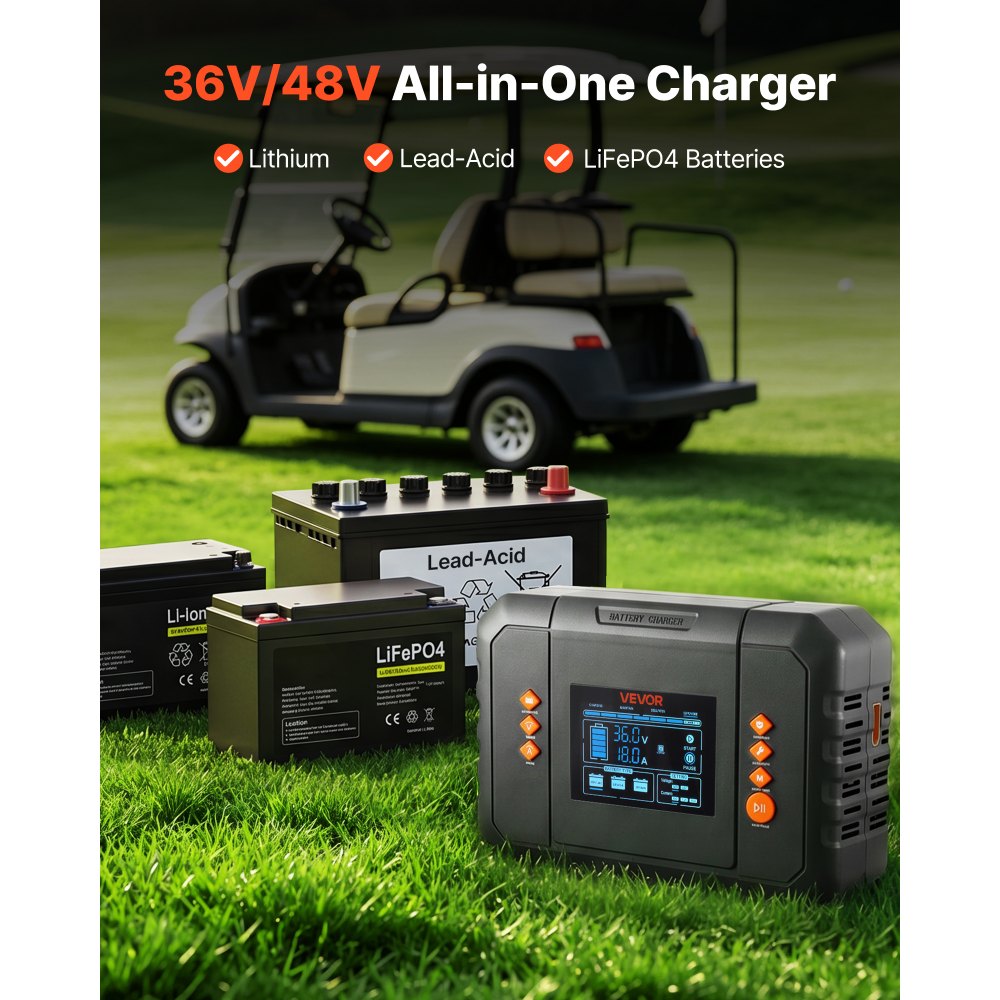VEVOR Golf Cart Battery Charger 36V 18A and 48V 13A Smart Trickle Charger, for Lithium LiFePO4 Lead-Acid AGM/Gel/SLA Batteries, Plastic Shell, Multiple Protections, with LCD Display & Cooling Fan