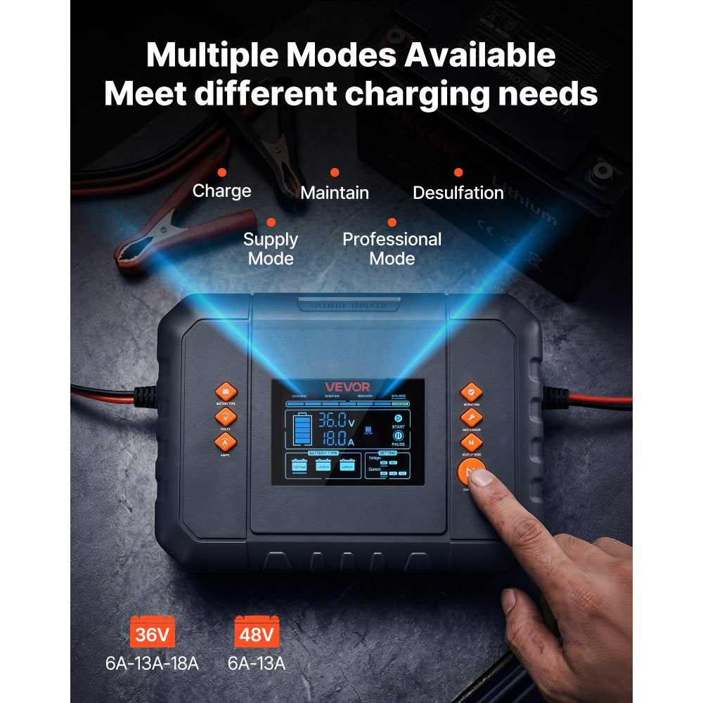 VEVOR Golf Cart Battery Charger 36V 18A and 48V 13A Smart Trickle Charger, for Lithium LiFePO4 Lead-Acid AGM/Gel/SLA Batteries, Plastic Shell, Multiple Protections, with LCD Display & Cooling Fan