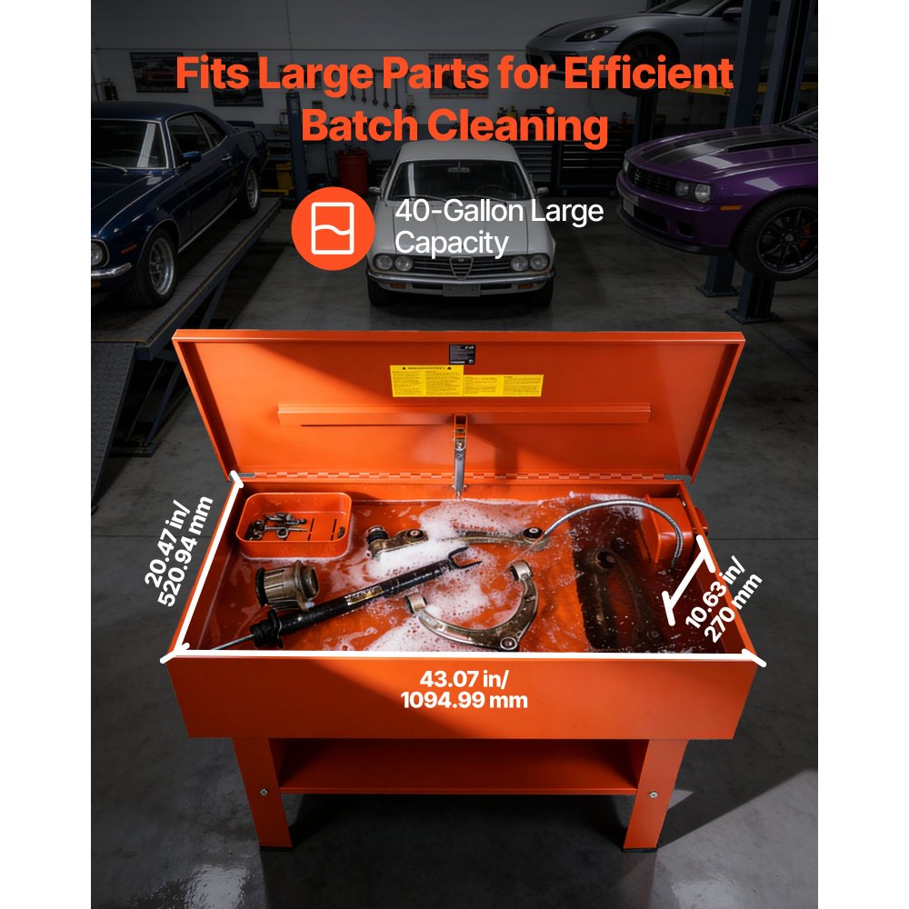 VEVOR Parts Washer 40-Gallon, 17 Gallon Solvent Capacity, 1 Gallon per Minute Max Pump Output, Steel Cabinet Electric Pump Automotive Parts Washer Cleaner for Wheel Bearings, Gears, and Carburetors