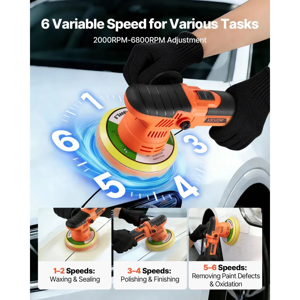 VEVOR Car Buffer Polisher, 6-Inch Dual Action Polisher Buffer Waxer, 650W 6 Variable Speeds 2000-6800RPM Random Orbital Polisher Kit for Cars Detailing, Waxing, Polishing