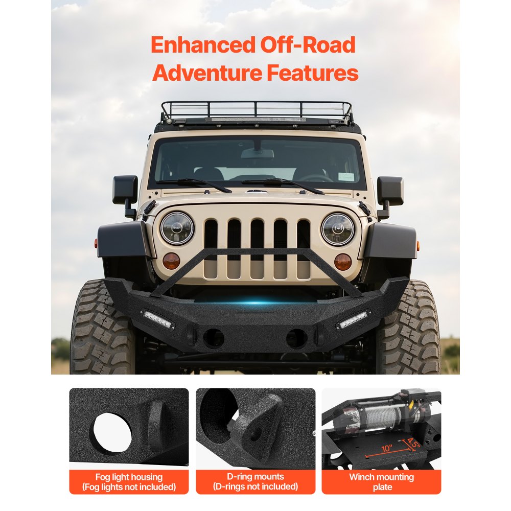 Front bumper features fog light housings, D-ring mounts, and winch mounting plate