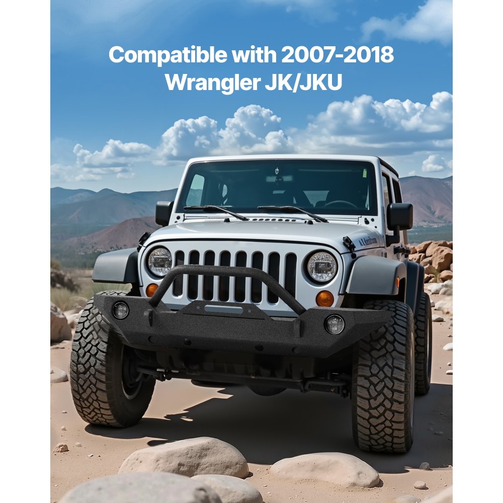 VEVOR Front Bumper Compatible with 2007-2018 Wrangler JK/JKU - with Winch Plate, D-Ring Mounts & Fog Light Housing, Heavy-Duty Steel Front Bumper with E-Coating