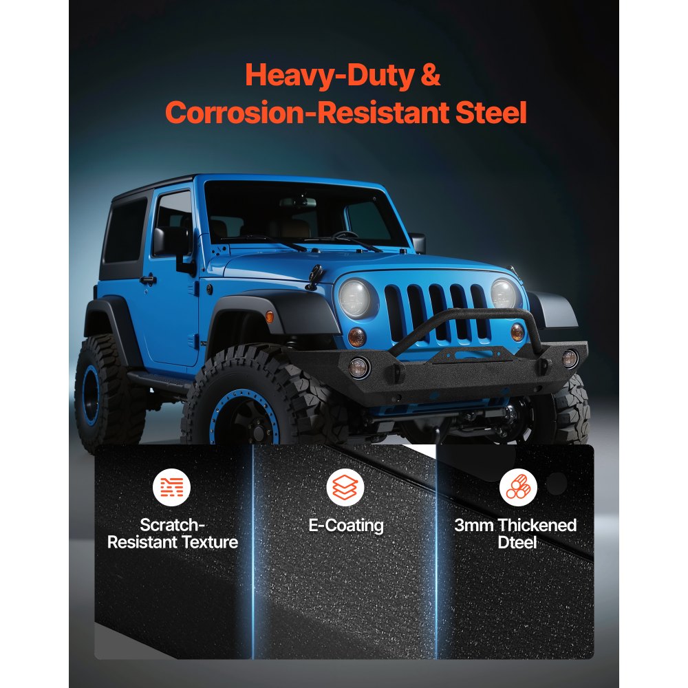 VEVOR Front Bumper Compatible with 2007-2018 Wrangler JK/JKU - with Winch Plate, D-Ring Mounts & Fog Light Housing, Heavy-Duty Steel Front Bumper with E-Coating