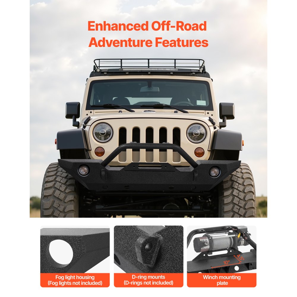 VEVOR Front Bumper Compatible with 2007-2018 Wrangler JK/JKU - with Winch Plate, D-Ring Mounts & Fog Light Housing, Heavy-Duty Steel Front Bumper with E-Coating