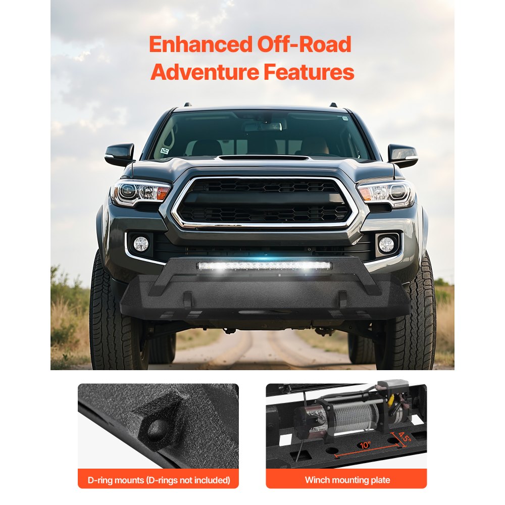 VEVOR Front Bumper Compatible with 2016-2023 Toyota Tacoma (Excluding Tacoma TRD/Tacoma TRD Sport), Pickup Truck Bumper with LED Light Bar, Winch Plate & D-Rings Mounts, Heavy-Duty Steel Front Bumper with E-Coating