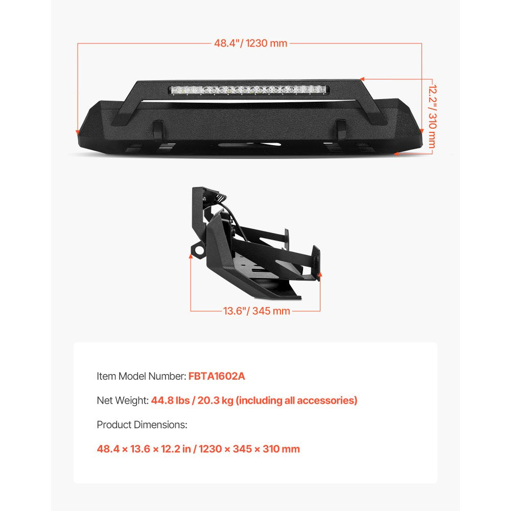VEVOR Front Bumper Compatible with 2016-2023 Toyota Tacoma (Excluding Tacoma TRD/Tacoma TRD Sport), Pickup Truck Bumper with LED Light Bar, Winch Plate & D-Rings Mounts, Heavy-Duty Steel Front Bumper with E-Coating