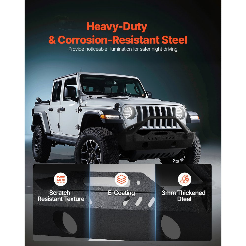VEVOR Front Bumper Compatible with 2018-2024 Jeep Wrangler JL JLU & Gladiator JT, Heavy-Duty Steel Front Bumper with Winch Plate, D-Ring Mounts & Fog Light Housing