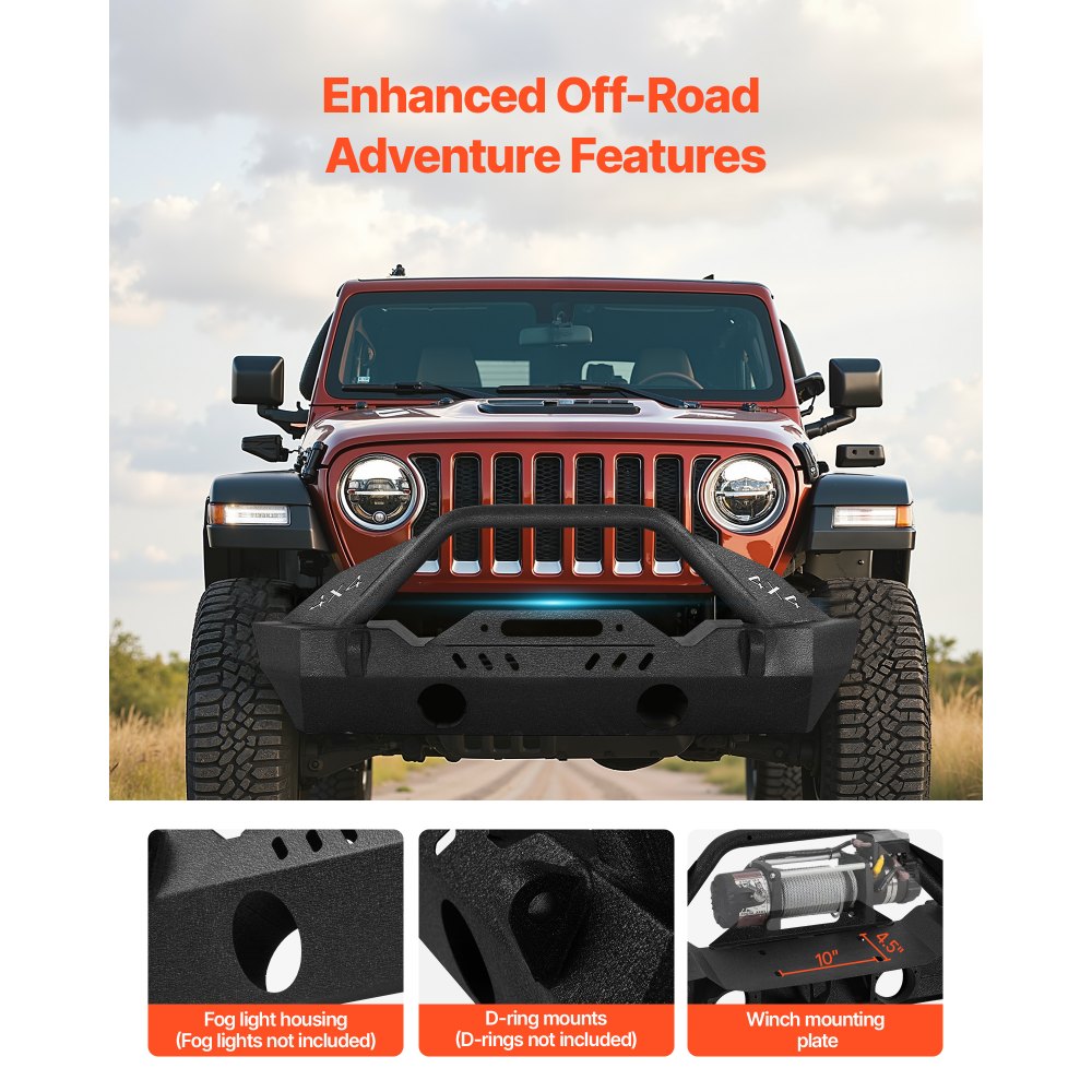 VEVOR Front Bumper Compatible with 2018-2024 Jeep Wrangler JL JLU & Gladiator JT, Heavy-Duty Steel Front Bumper with Winch Plate, D-Ring Mounts & Fog Light Housing