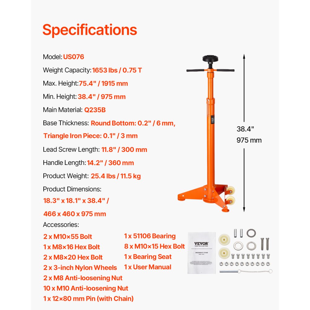 VEVOR Underhoist Support Stand, 3/4 Ton Capacity Under Hoist Jack Stand, Lifting from 38.4 to 75.4 in, Bearing Mounted Spin Handle, Self-Locking Threaded Screw, Two Wheels, Support Vehicle Components