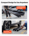 Compact design with wheels and handle for easy mobility and access under the vehicle