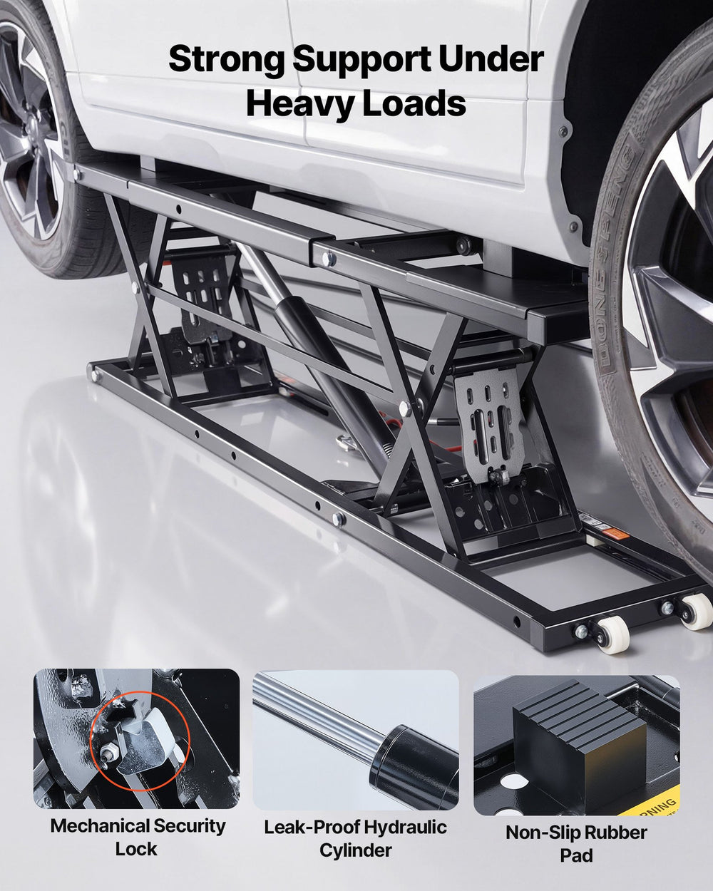 Strong support under heavy loads with mechanical security lock, leak-proof hydraulic cylinder, and non-slip rubber pad