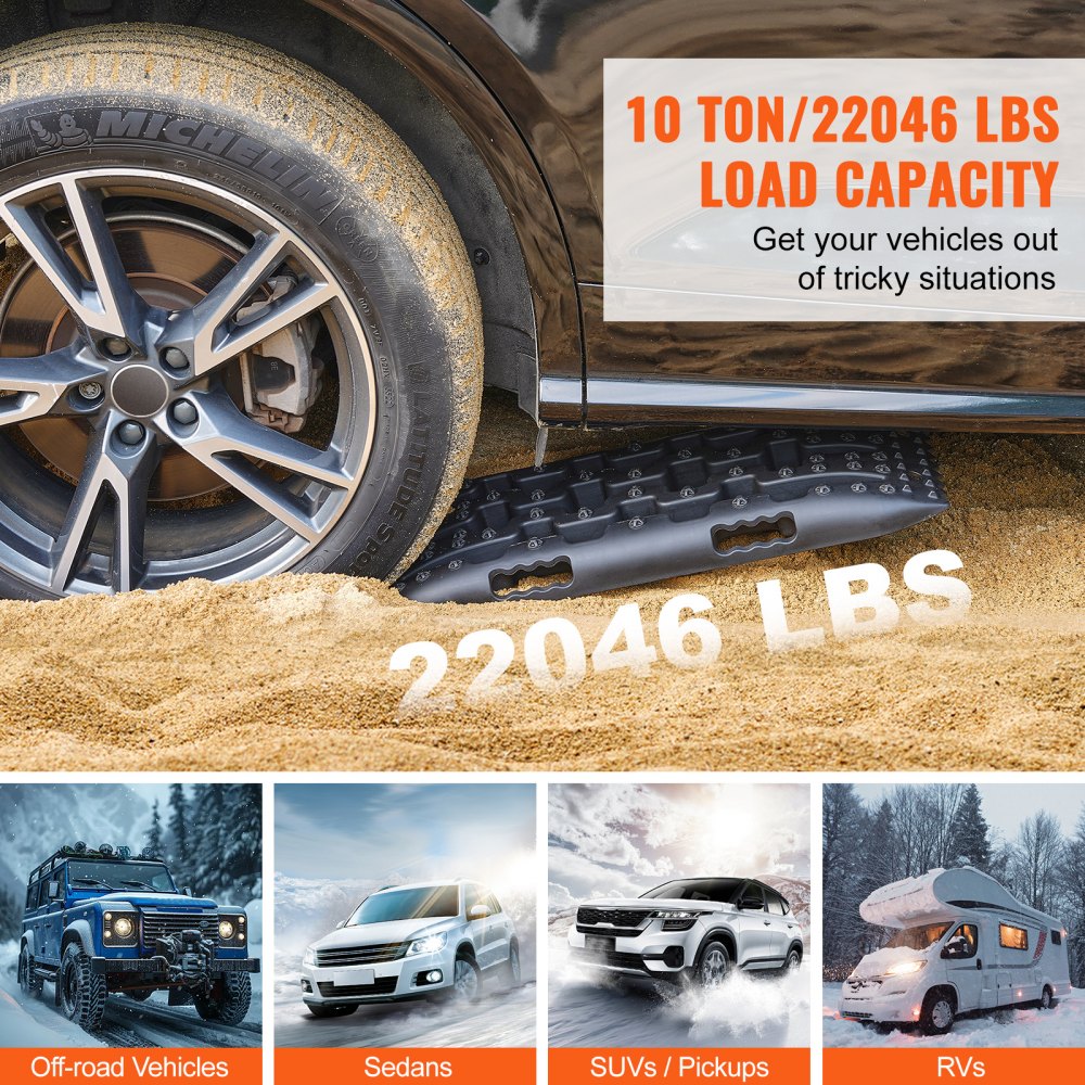 VEVOR 10 TON Traction Boards with PP Material, Recovery Boards for Off-road Vehicles/Cars/Pickups/SUVs/RVs, Pair Tire Traction Mats on Snow, Sand, Mud and Loose Terrain, Storage Bag, Short, Black