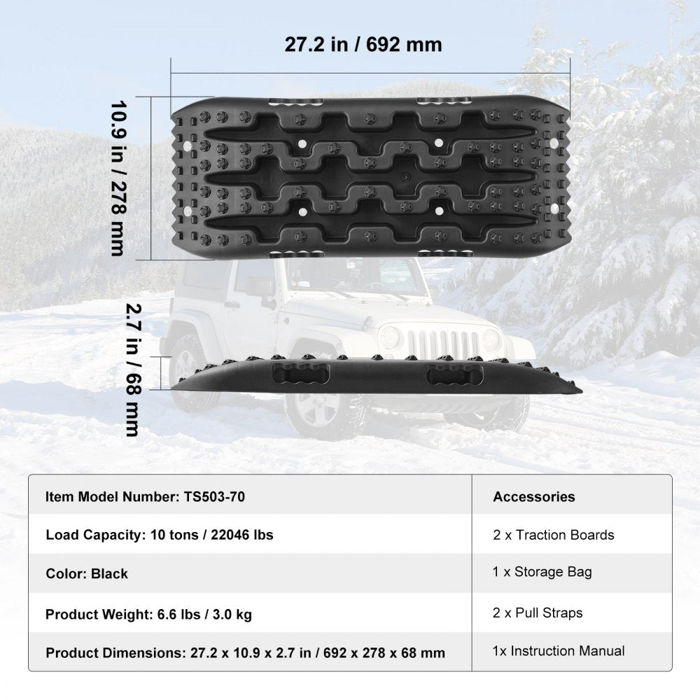 VEVOR 10 TON Traction Boards with PP Material, Recovery Boards for Off-road Vehicles/Cars/Pickups/SUVs/RVs, Pair Tire Traction Mats on Snow, Sand, Mud and Loose Terrain, Storage Bag, Short, Black