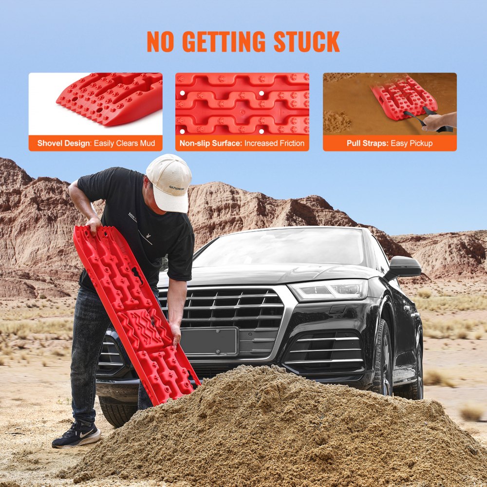 VEVOR 10 TON Traction Boards with PP Material, Recovery Boards for Off-road Vehicles/Cars/Pickups/SUVs/RVs, Pair Tire Traction Mats on Snow, Sand, Mud and Loose Terrain, Storage Bag, Long, Red