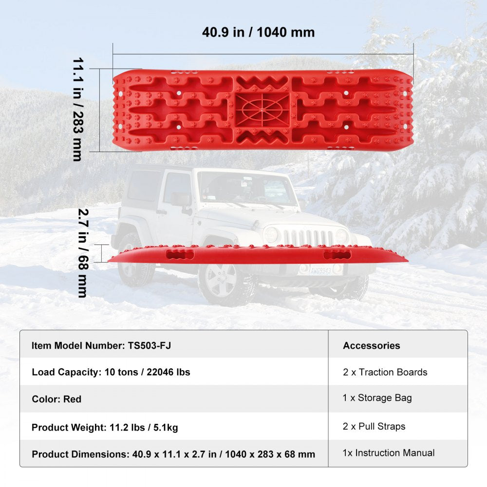 VEVOR 10 TON Traction Boards with PP Material, Recovery Boards for Off-road Vehicles/Cars/Pickups/SUVs/RVs, Pair Tire Traction Mats on Snow, Sand, Mud and Loose Terrain, Storage Bag, Long, Red