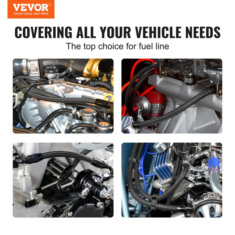 VEVOR 8AN Fuel Line Kit, 20 FT Fuel Hose Kit, 0.43" Nylon Stainless Steel Braided Fuel Line Oil/Gas/Diesel Hose End Fitting Kit, with 12 PCS Swivel Fitting Adapter Kit, Black