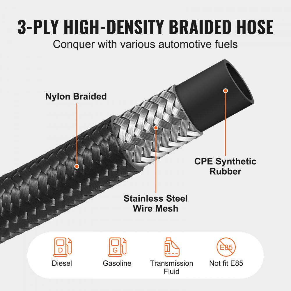 VEVOR 8AN Fuel Line Kit, 20 FT Fuel Hose Kit, 0.43" Nylon Stainless Steel Braided Fuel Line Oil/Gas/Diesel Hose End Fitting Kit, with 12 PCS Swivel Fitting Adapter Kit, Black
