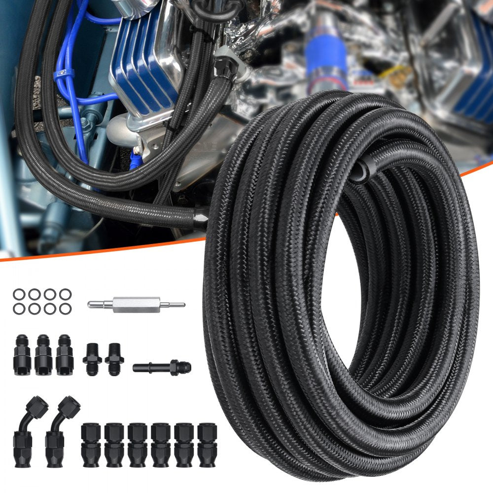 VEVOR 6AN Fuel Line Kit, 25 FT Fuel Hose Kit, 5/16" Nylon Stainless Steel Braided PTFE Fuel Line Kit, E85/Oil/Gas/Diesel Hose End Fitting Kit, with 15 PCS Swivel Fitting Adapter Kit, Black