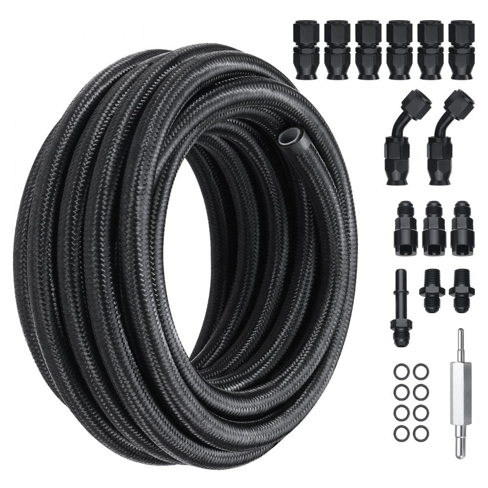 VEVOR 6AN Fuel Line Kit, 25 FT Fuel Hose Kit, 5/16" Nylon Stainless Steel Braided PTFE Fuel Line Kit, E85/Oil/Gas/Diesel Hose End Fitting Kit, with 15 PCS Swivel Fitting Adapter Kit, Black