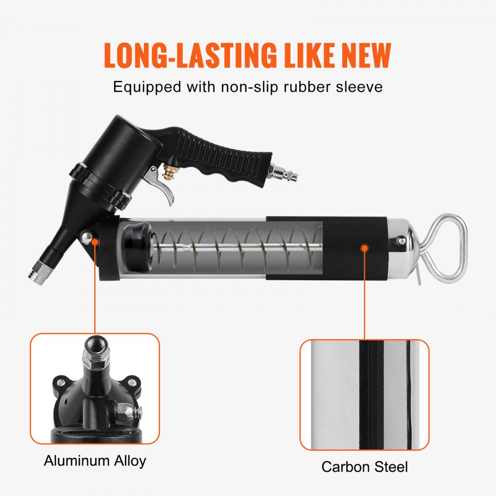 VEVOR Air Operated Grease Gun, 6000PSI, 14 OZ/400 CC Capacity Heavy Duty Pneumatic Grease Gun, with 18.5 Inch Flexible Hose, 1 Black Flat Coupler Pointed Coupler Bent Metal Pipe Locking Clamp Coupler