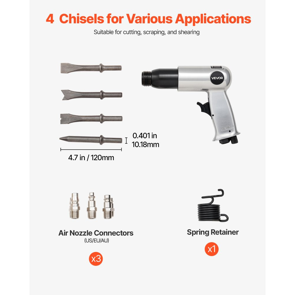 VEVOR Air Hammer, 3500BPM Pneumatic Hammer with 2.76 inch Stroke & 4PCS Chisels Round Shank, Pistol-Grip Compact Air Chisel Pneumatic Shovel Tool for Cutting Punching Scraping