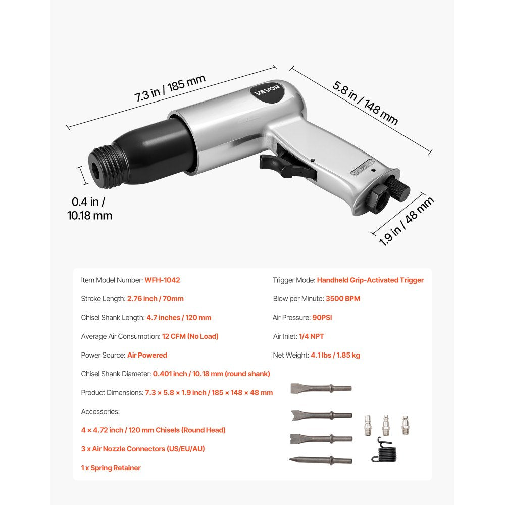 VEVOR Air Hammer, 3500BPM Pneumatic Hammer with 2.76 inch Stroke & 4PCS Chisels Round Shank, Pistol-Grip Compact Air Chisel Pneumatic Shovel Tool for Cutting Punching Scraping