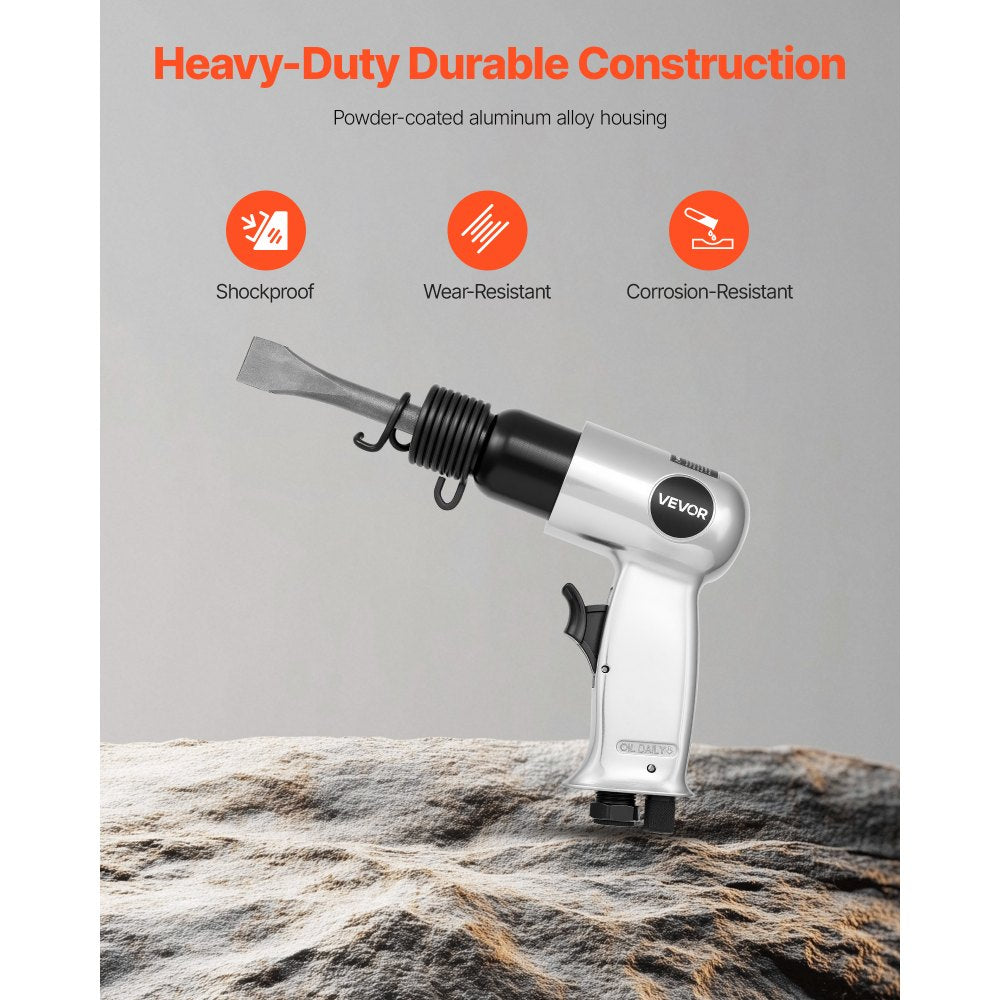 VEVOR Air Hammer, 4500BPM Pneumatic Hammer with 1.57-inch Stroke & 4PCS Chisels Round Shank, Lightweight & Compact Air Chisel Pneumatic Shovel Tool for Cutting Punching Scraping