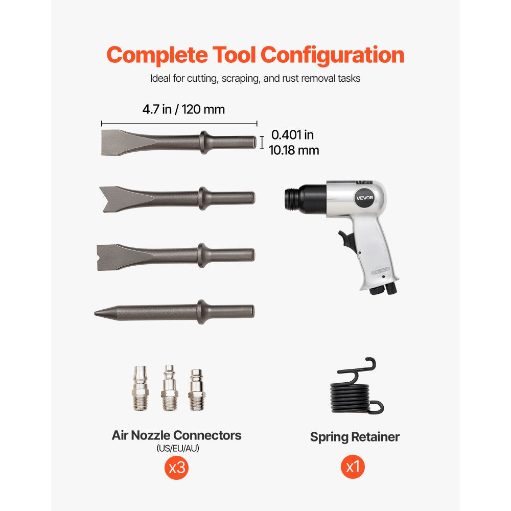 VEVOR Air Hammer, 4500BPM Pneumatic Hammer with Rust Removal Air Needle Scaler & 4PCS Chisels Round Shank, Lightweight & Compact Air Chisel Pneumatic Shovel Tool for Cutting Scraping Demolishing