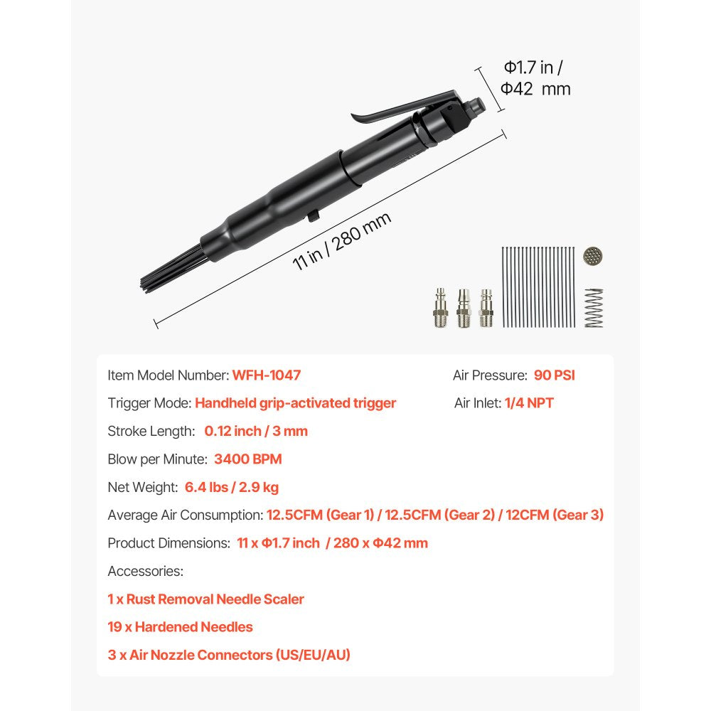 VEVOR Air Needle Scaler, 3400BPM Pneumatic Scaler for Rust Paint Removal - with 3-Speed Adjustment, 19 Hardened Needles & 3 Air Nozzle Connectors - Lightweight, Compact & Ergonomic Grip