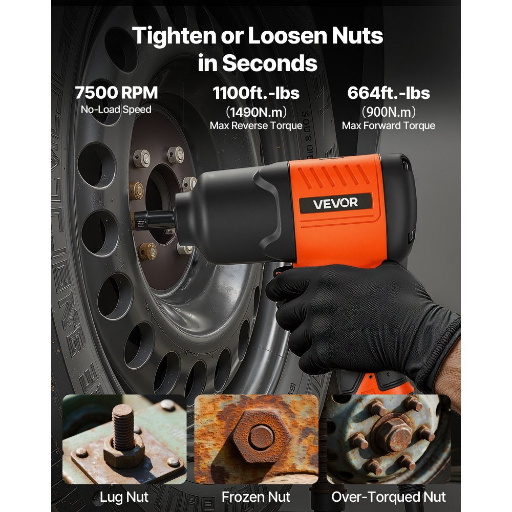 VEVOR Air Impact Wrench, 1/2" Drive Pneumatic Impact Wrench Up to 1100 ft-lbs Reverse Torque, 7500RPM 4-Speed Adjustable & Lightweight Pneumatic Gun for Auto Repairs and Maintenance