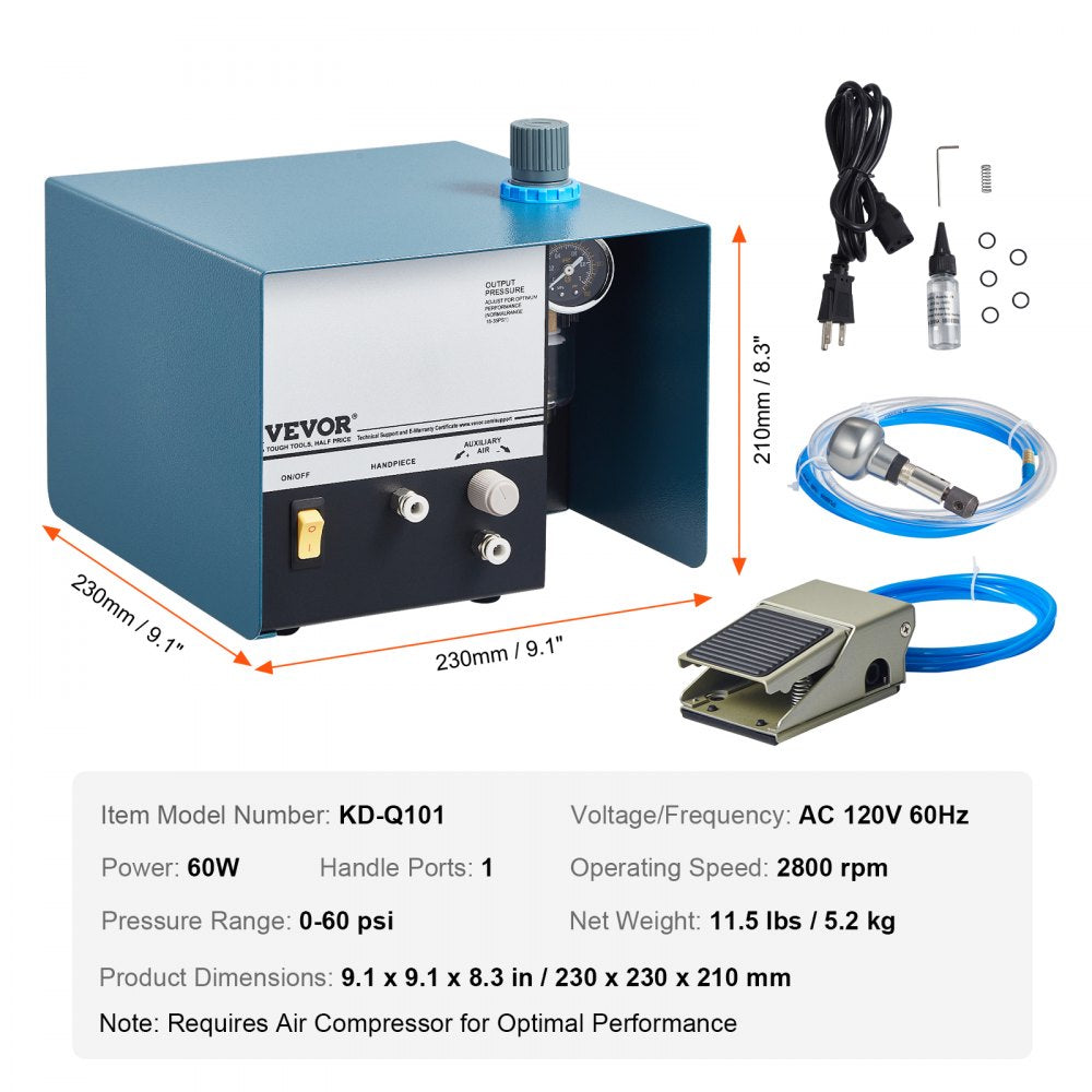 VEVOR Pneumatic Jewelry Engraver, 2800 RPM, 60W Single Head Pneumatic Hand Engraving Machine, DIY Impact Engraver with Foot Pedal 0-60 PSI Adjustable, Micro Engraver for Jewelry and Metal Crafting
