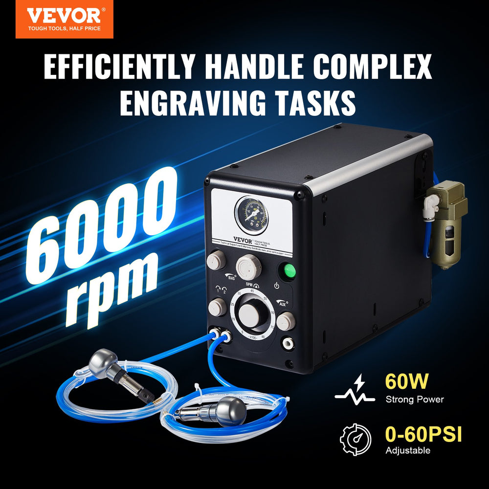 VEVOR pneumatic engraver highlights: 6000 rpm, 60W power, 0-60 PSI adjustable