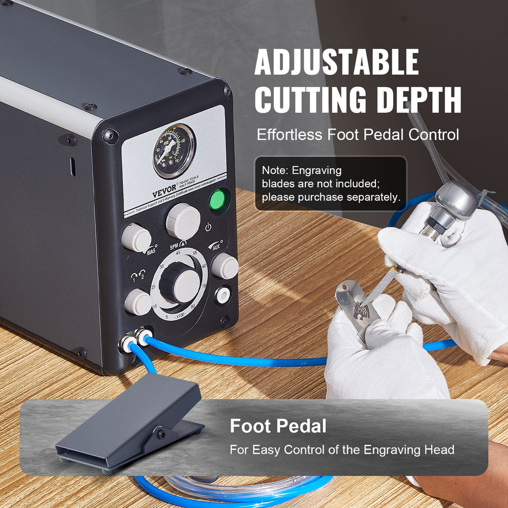Adjustable cutting depth with foot pedal control (engraving blades not included note)
