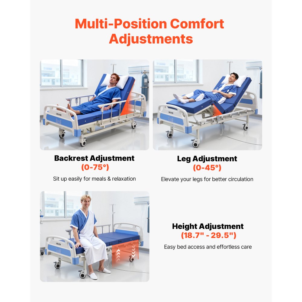 VEVOR Premium 3 Function Full Electric Hospital Bed, ICU Electric Medical Bed with Backrest, Legrest & Height Adjustment, 5" Locking Casters, High-Density Mattress for Home Hospital, 550LBS Loading