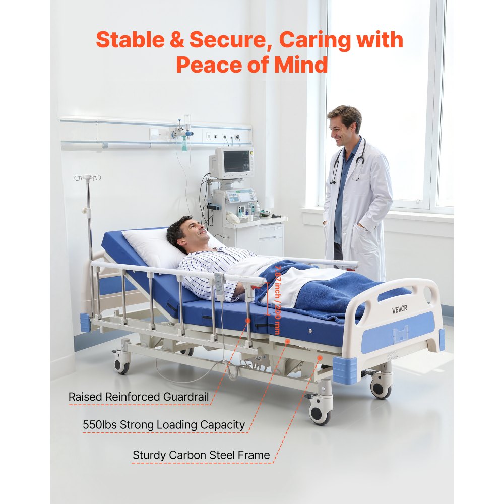 VEVOR Premium 3 Function Full Electric Hospital Bed, ICU Electric Medical Bed with Backrest, Legrest & Height Adjustment, 5" Locking Casters, High-Density Mattress for Home Hospital, 550LBS Loading