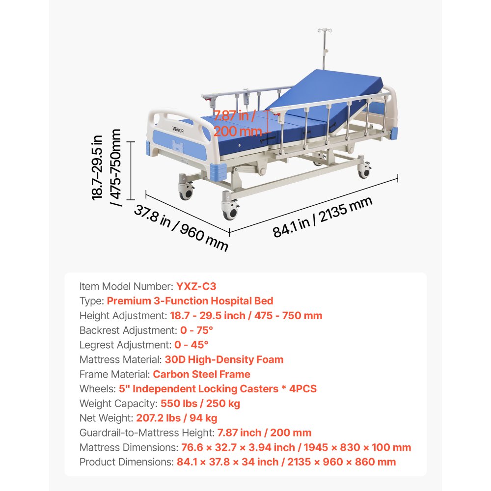 VEVOR Premium 3 Function Full Electric Hospital Bed, ICU Electric Medical Bed with Backrest, Legrest & Height Adjustment, 5" Locking Casters, High-Density Mattress for Home Hospital, 550LBS Loading